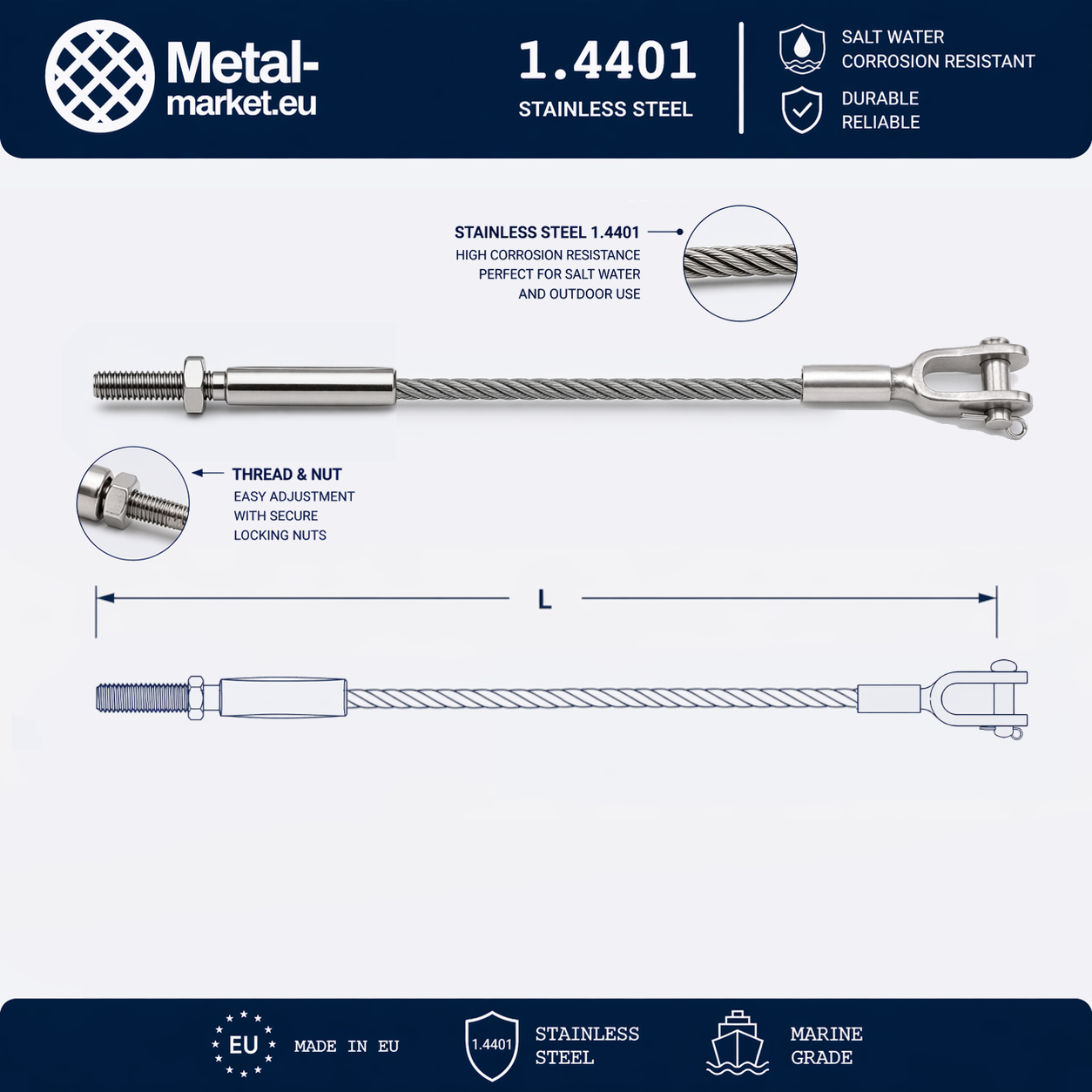 Edelstahl Drahtseil nach Maß (1.4401 V4A) – Außengewindeterminal & Gabelterminal – Ø 1–10 mm – konfigurierbar