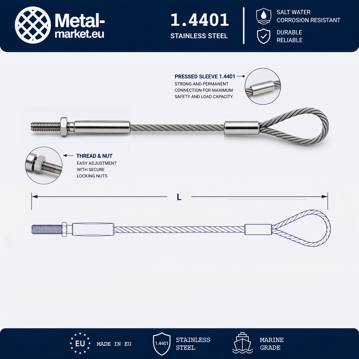 Edelstahl Drahtseil nach Maß (1.4401 V4A) – Außengewindeterminal & Schlaufe – Ø 1–10 mm – konfigurierbar