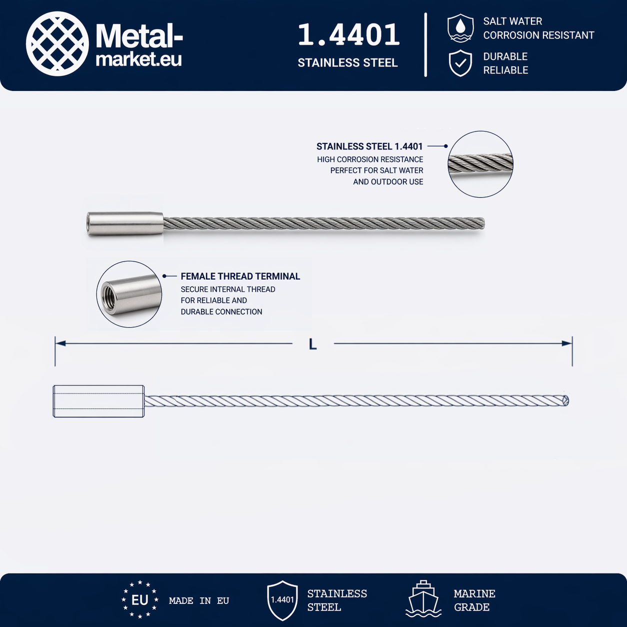 Edelstahl Drahtseil nach Maß (1.4401 V4A) – Innengewindeterminal & Lose – Ø 1–10 mm – konfigurierbar