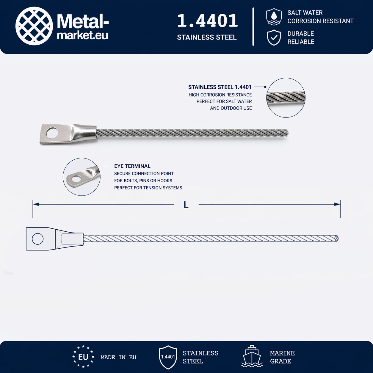 Edelstahl Drahtseil nach Maß (1.4401 V4A) – Öse & Lose – Ø 1–10 mm – konfigurierbar