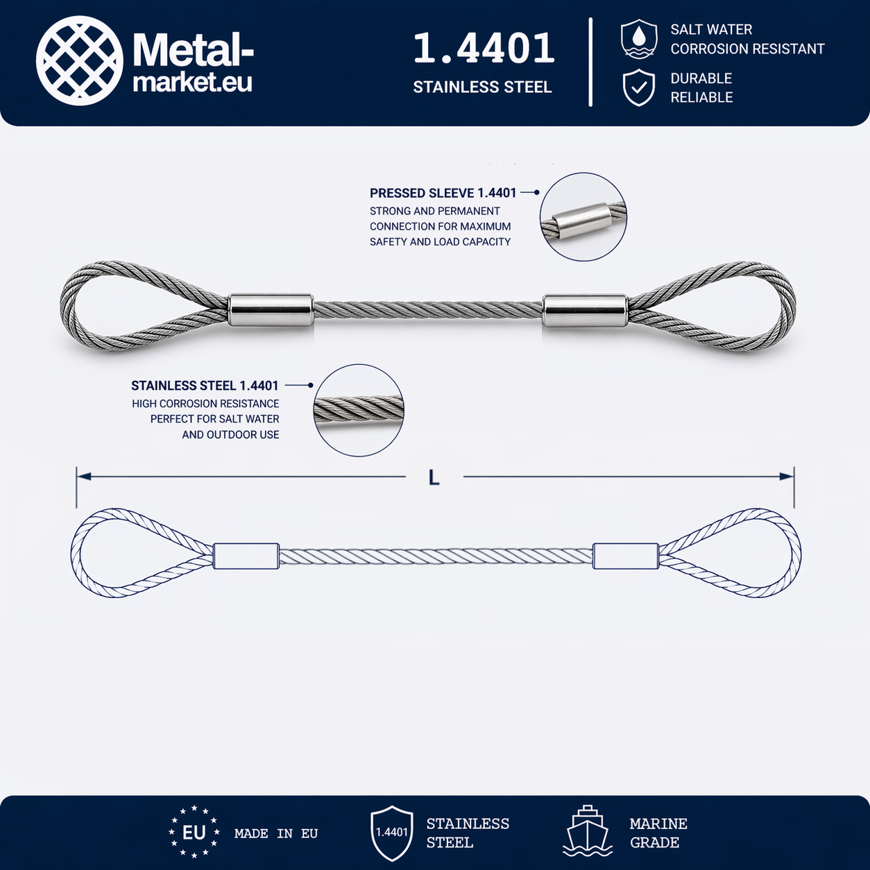 Edelstahl Drahtseil nach Maß (1.4401 V4A) – Schlaufe & Schlaufe – Ø 1–10 mm – konfigurierbar