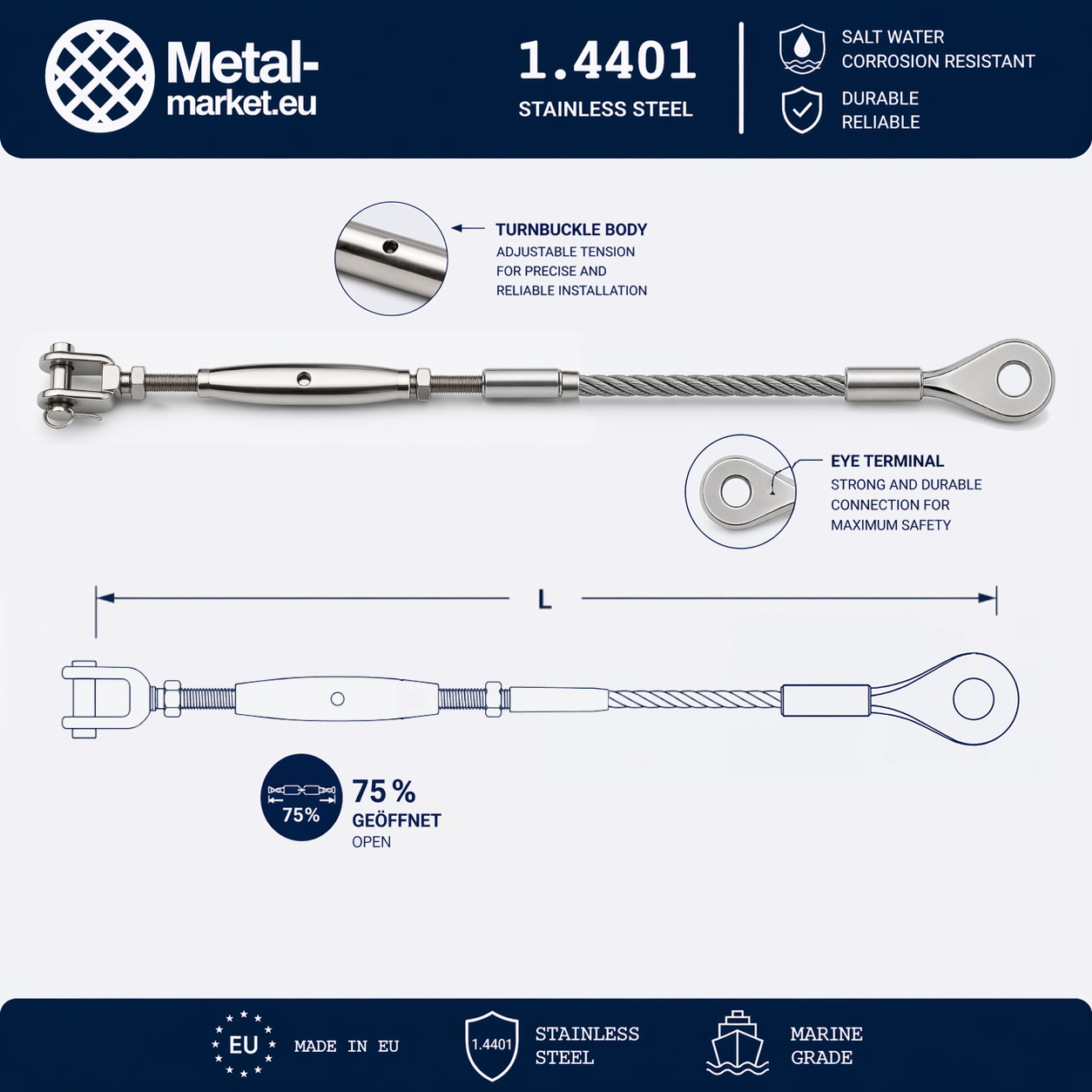 Edelstahl Drahtseil nach Maß (1.4401 V4A) – Wantenspanner & Augterminal – Ø 1–10 mm – konfigurierbar