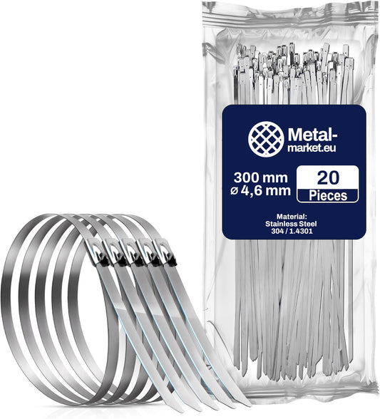 20 colliers de serrage en acier inoxydable 4,6 x 300 mm avec mécanisme de verrouillage
