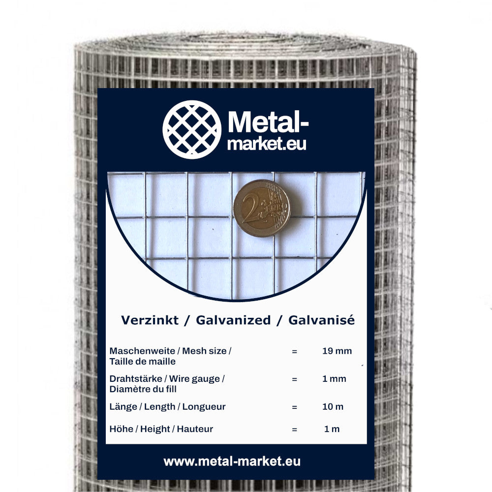 Rouleau de grillage volière galvanisé, maille 19 x 19 mm, épaisseur de fil 1 mm