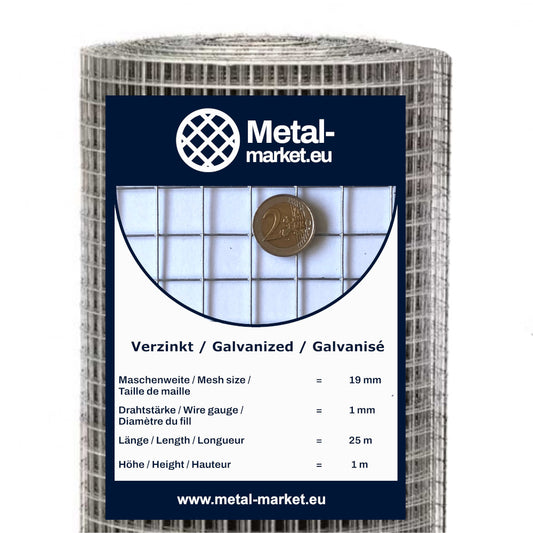 Rouleau de treillis soudé galvanisé, maillage 19 x 19 mm, épaisseur du fil 1 mm