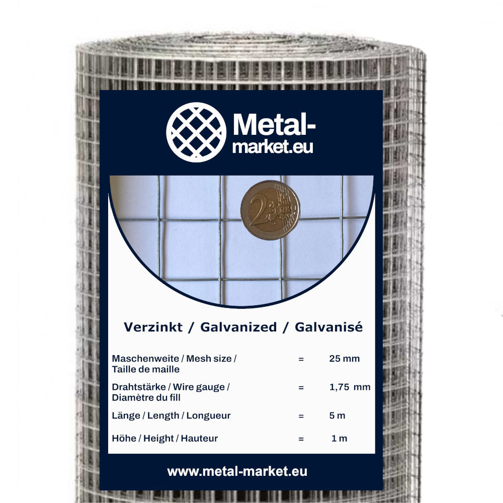 Grillage pour volières galvanisé en rouleau, maille 25 x 25 mm, diamètre du fil 1,75 mm.