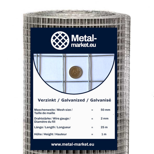 Rouleau de grillage volière galvanisé, maille 50 x 50 mm, épaisseur de fil 2 mm
