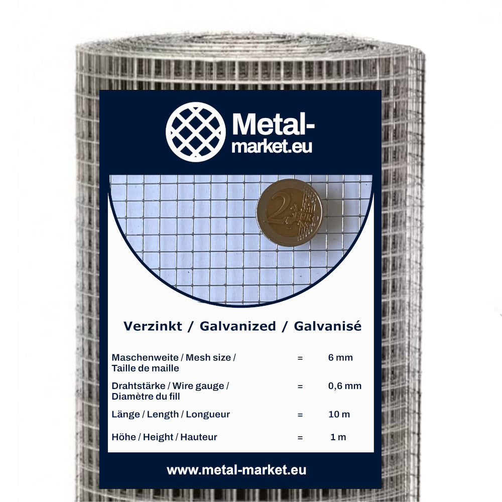 Rouleau de grillage volière galvanisé, maille 6 x 6 mm, épaisseur de fil 0,6 mm