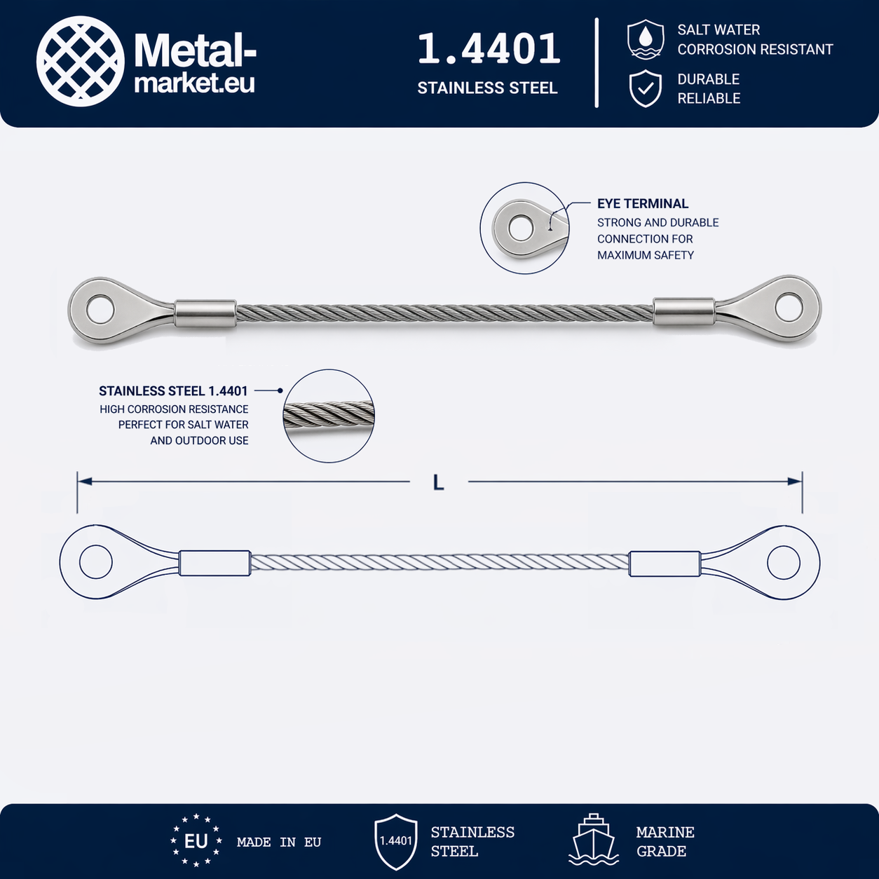 Edelstahl Drahtseil nach Maß (1.4401 V4A) – Augterminal & Augterminal – Ø 1–10 mm – konfigurierbar
