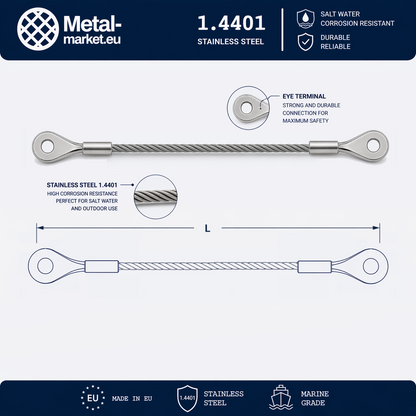 Edelstahl Drahtseil nach Maß (1.4401 V4A) – Augterminal & Augterminal – Ø 1–10 mm – konfigurierbar