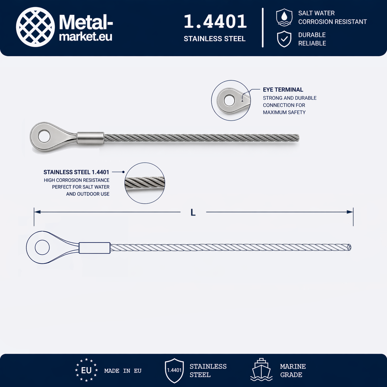 Edelstahl Drahtseil nach Maß (1.4401 V4A) – Augterminal & Lose – Ø 1–10 mm – konfigurierbar