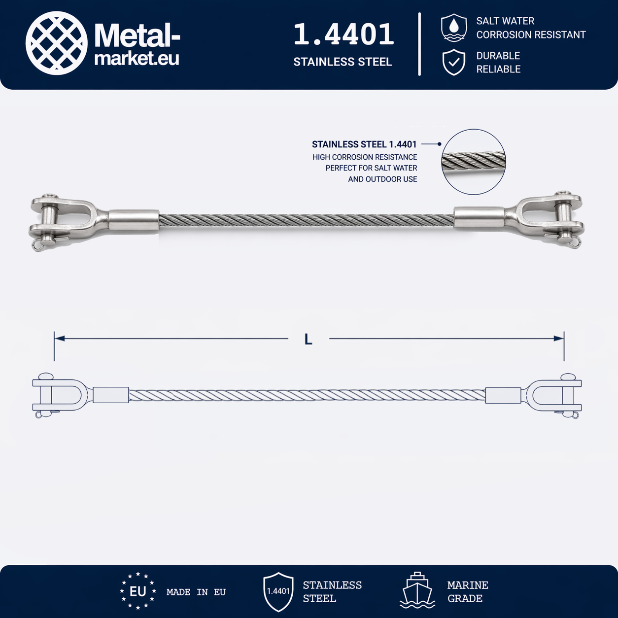 Edelstahl Drahtseil nach Maß (1.4401 V4A) – Gabelterminal & Gabelterminal – Ø 1–10 mm – konfigurierbar