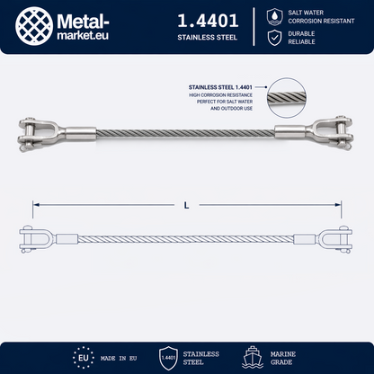 Edelstahl Drahtseil nach Maß (1.4401 V4A) – Gabelterminal & Gabelterminal – Ø 1–10 mm – konfigurierbar