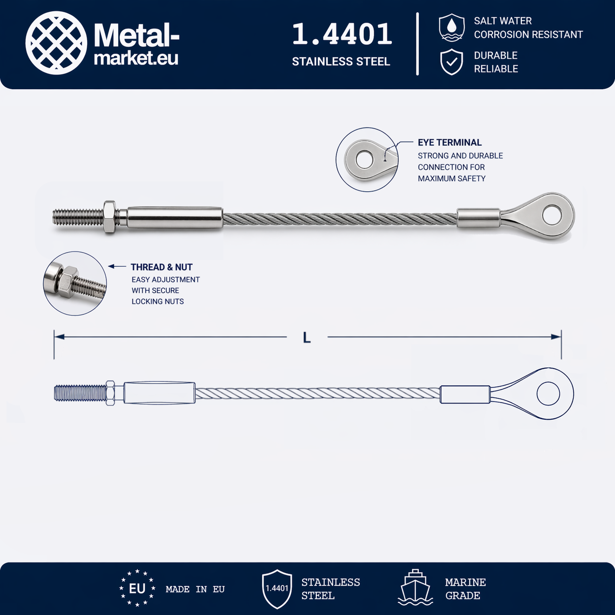 Edelstahl Drahtseil nach Maß (1.4401 V4A) – Außengewindeterminal & Augterminal – Ø 1–10 mm – konfigurierbar