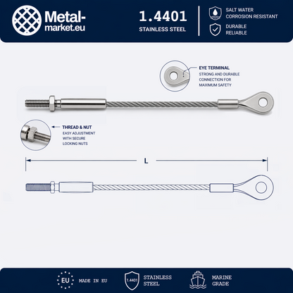 Edelstahl Drahtseil nach Maß (1.4401 V4A) – Außengewindeterminal & Augterminal – Ø 1–10 mm – konfigurierbar