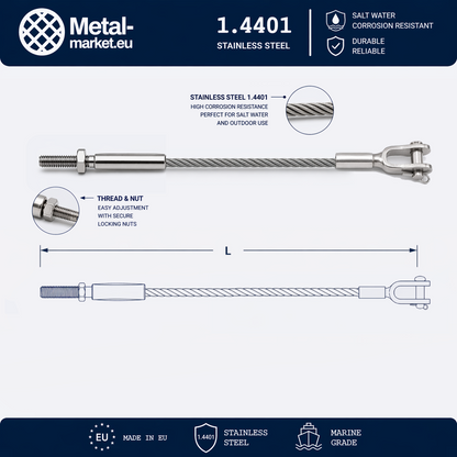 Edelstahl Drahtseil nach Maß (1.4401 V4A) – Außengewindeterminal & Gabelterminal – Ø 1–10 mm – konfigurierbar