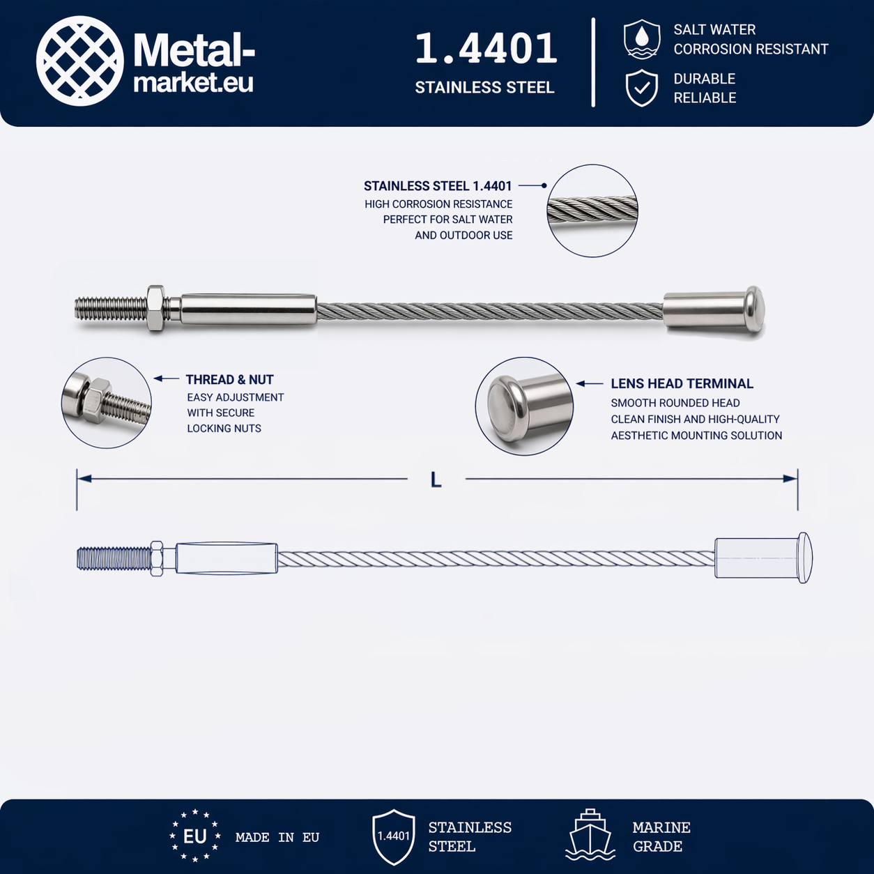 Edelstahl Drahtseil nach Maß (1.4401 V4A) – Außengewindeterminal & Linsenkopfterminal – Ø 1–10 mm – konfigurierbar