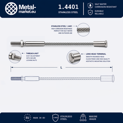 Edelstahl Drahtseil nach Maß (1.4401 V4A) – Außengewindeterminal & Linsenkopfterminal – Ø 1–10 mm – konfigurierbar
