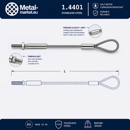 Edelstahl Drahtseil nach Maß (1.4401 V4A) – Außengewindeterminal & Schlaufe – Ø 1–10 mm – konfigurierbar