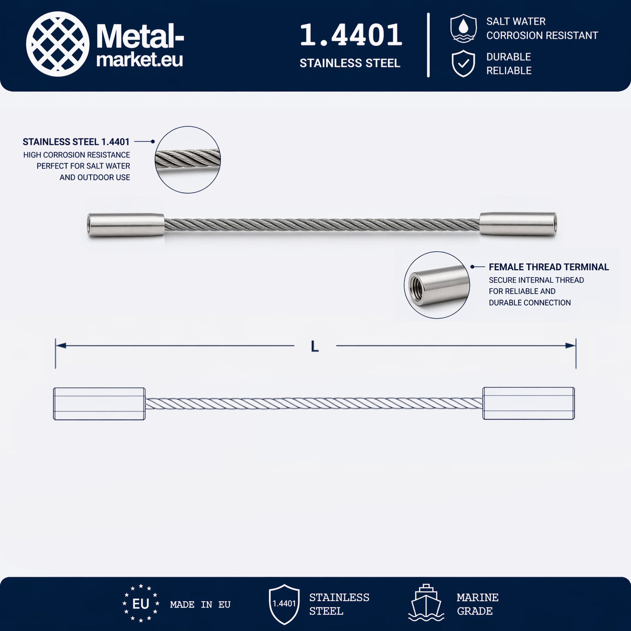 Edelstahl Drahtseil nach Maß (1.4401 V4A) – Innengewindeterminal & Innengewindeterminal – Ø 1–10 mm – konfigurierbar