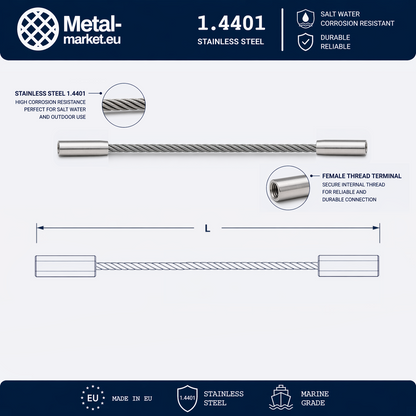 Edelstahl Drahtseil nach Maß (1.4401 V4A) – Innengewindeterminal & Innengewindeterminal – Ø 1–10 mm – konfigurierbar
