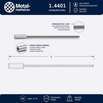 Edelstahl Drahtseil nach Maß (1.4401 V4A) – Innengewindeterminal & Lose – Ø 1–10 mm – konfigurierbar