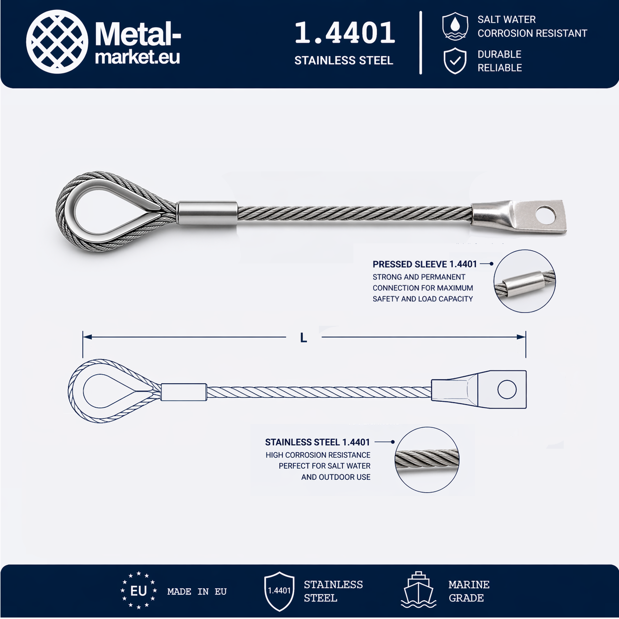 Edelstahl Drahtseil nach Maß (1.4401 V4A) – Öse & Kausche – Ø 1–10 mm – konfigurierbar