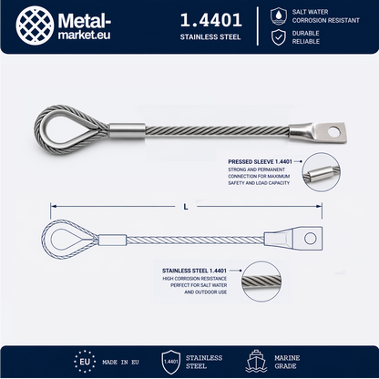 Edelstahl Drahtseil nach Maß (1.4401 V4A) – Öse & Kausche – Ø 1–10 mm – konfigurierbar