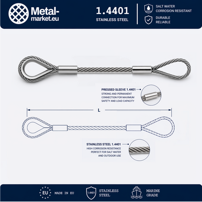 Edelstahl Drahtseil nach Maß (1.4401 V4A) – Schlaufe & Kausche – Ø 1–10 mm – konfigurierbar