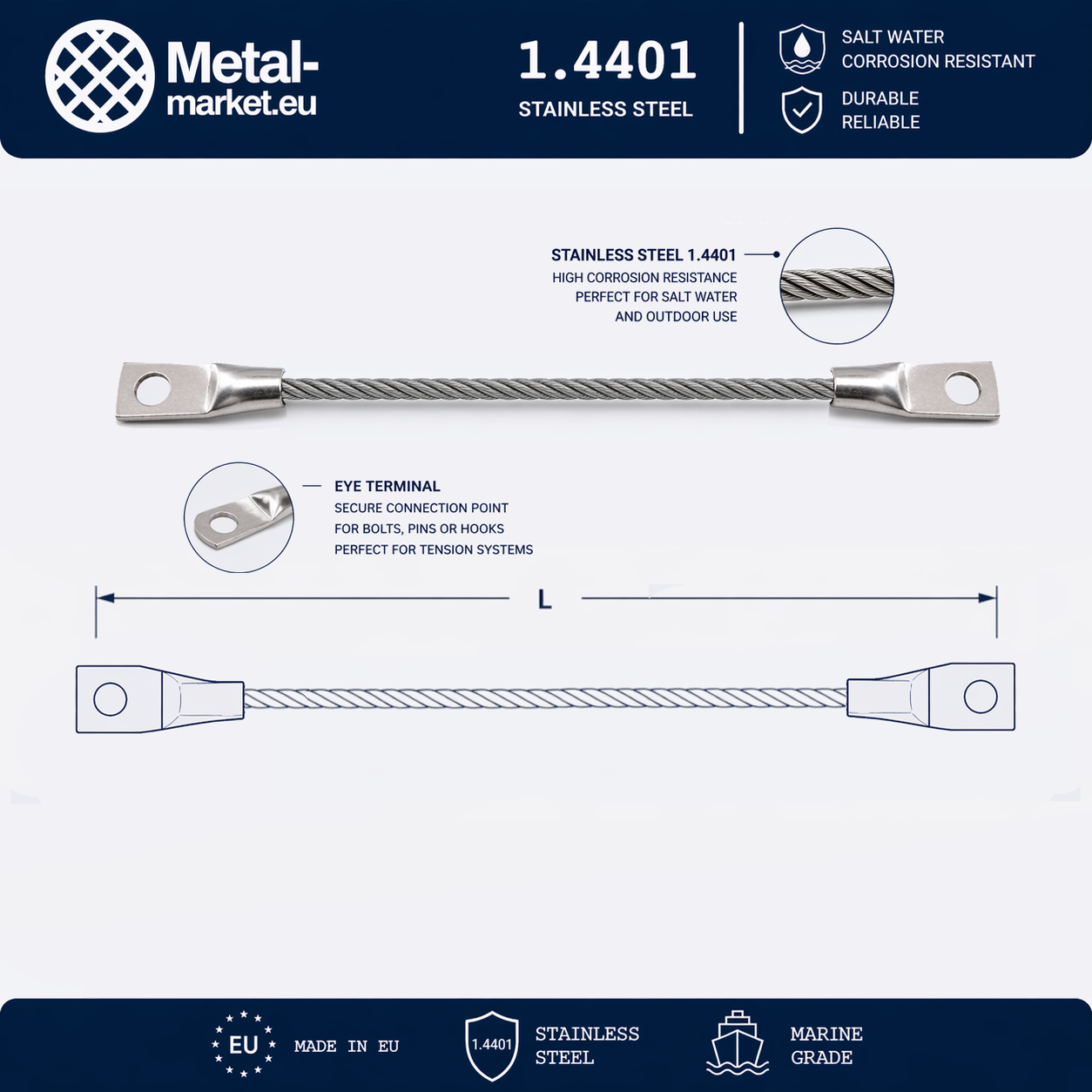 Edelstahl Drahtseil nach Maß (1.4401 V4A) – Öse & Öse – Ø 1–10 mm – konfigurierbar