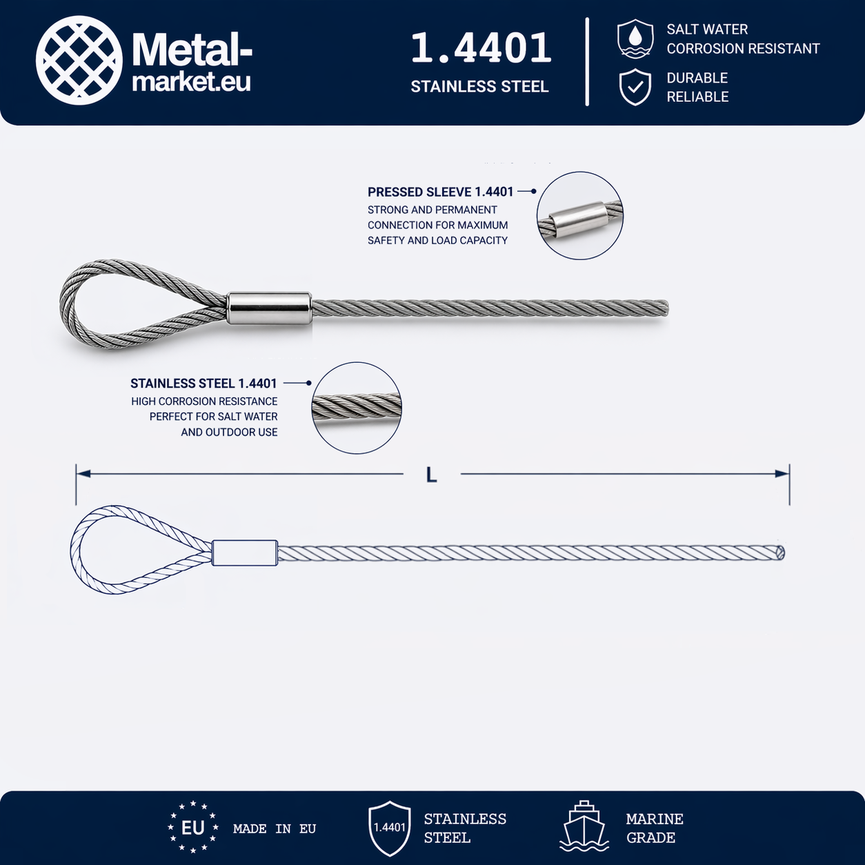 Edelstahl Drahtseil nach Maß (1.4401 V4A) – Kausche & Lose – Ø 1–10 mm – konfigurierbar