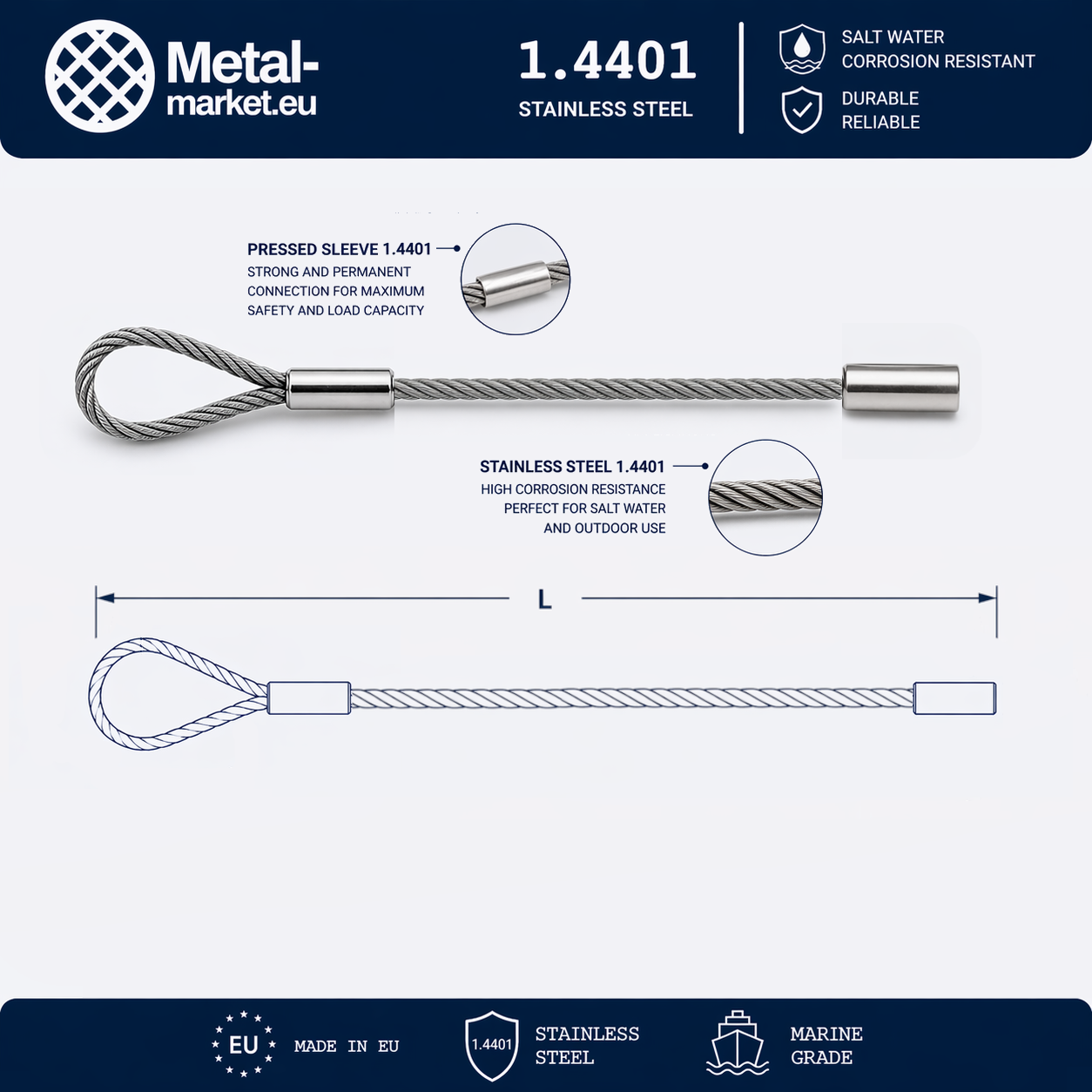 Edelstahl Drahtseil nach Maß (1.4401 V4A) – Schlaufe & Seilstopper – Ø 1–10 mm – konfigurierbar