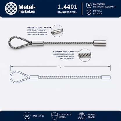 Edelstahl Drahtseil nach Maß (1.4401 V4A) – Schlaufe & Seilstopper – Ø 1–10 mm – konfigurierbar