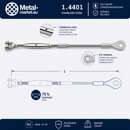Edelstahl Drahtseil nach Maß (1.4401 V4A) – Wantenspanner & Augterminal – Ø 1–10 mm – konfigurierbar
