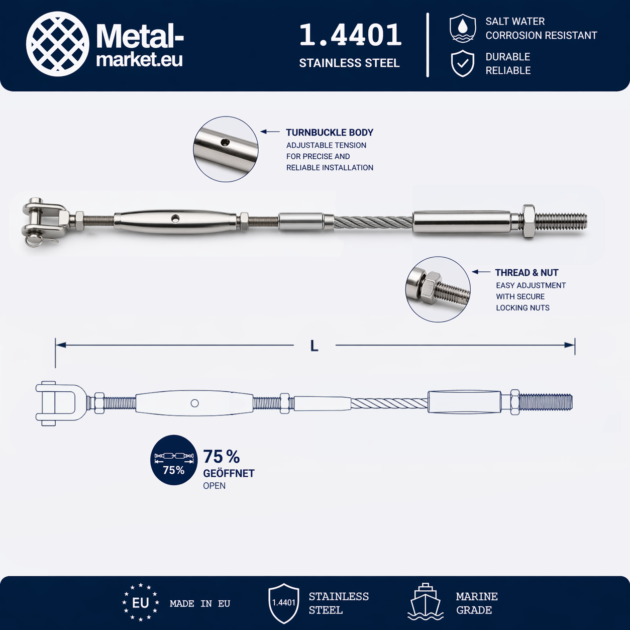 Edelstahl Drahtseil nach Maß (1.4401 V4A) – Wantenspanner & Außengewindeterminal – Ø 1–10 mm – konfigurierbar