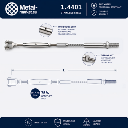 Edelstahl Drahtseil nach Maß (1.4401 V4A) – Wantenspanner & Außengewindeterminal – Ø 1–10 mm – konfigurierbar